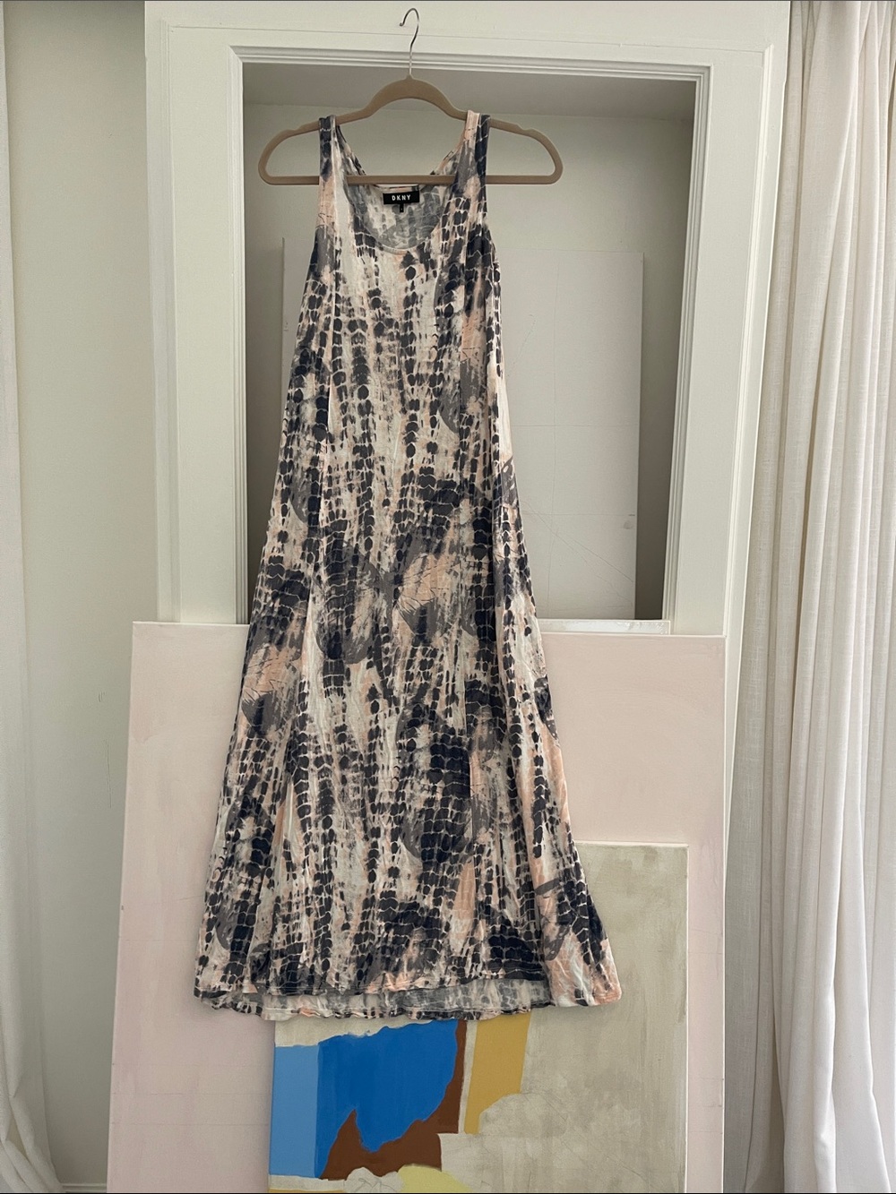 DKNY Black & Cream Sleeveless Maxi Tie-Dye Dress
